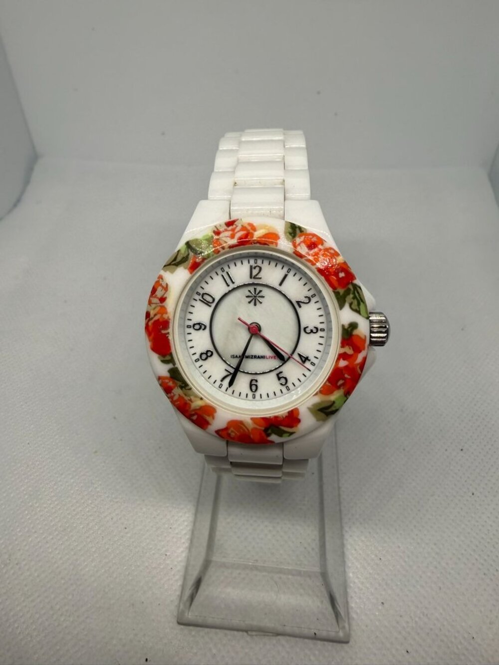 Isaac Mizrahi Live White Floral Ceramic Bracelet Watch Analog Dial Stainless Ste